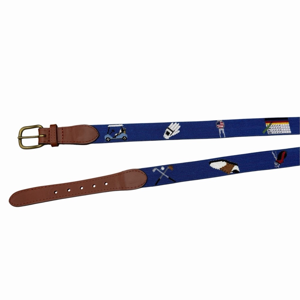 Smathers & Branson Mens Sz 40 Hand-Stitch Needlepoint Golfer's Life Leather Belt